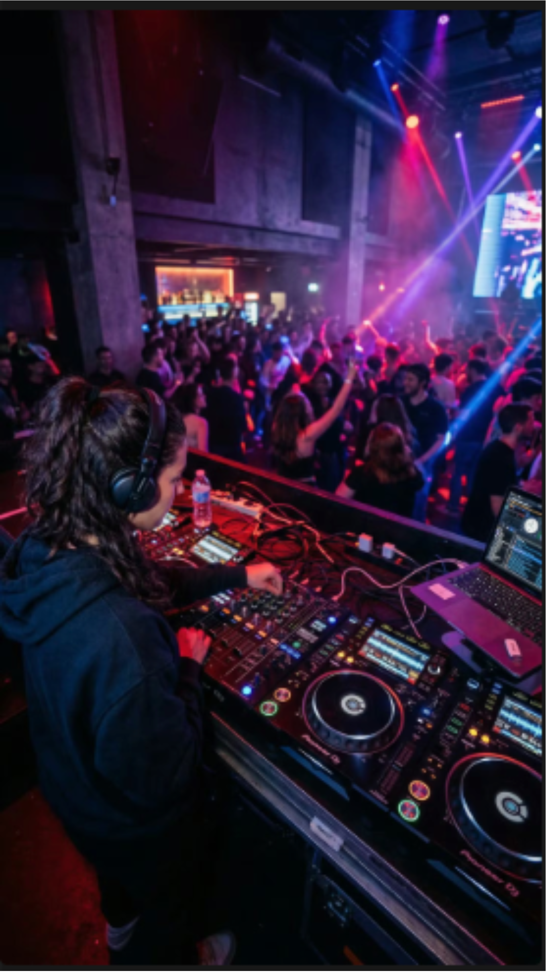 Professional DJ setup with CDJs and a laptop showing a curated House music playlist - Fabbri DJ.